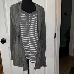 Gray Striped Henley Top with Open Cardigan